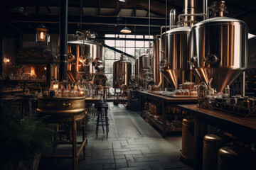 Brewery. Modern beer plant with brewering kettles, tubes and tanks made of stainless steel
