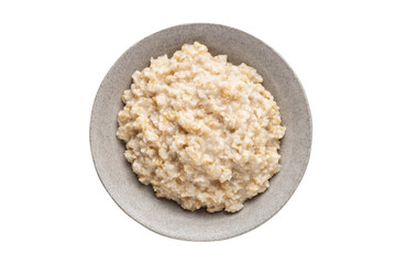 Bowl of cooked oatmeal isolated on white, top view. Rolled oats boiled to oatmeal porridge