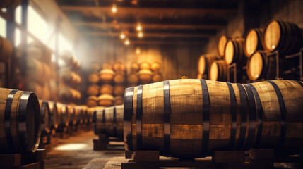 Brewery, winery background. Wine, beer barrels stacked background.