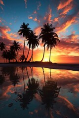 tropical beach with palm tree silhouettes against sky, created with generative ai