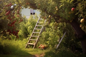 ladder leaning against apple tree, ready for picking, created with generative ai