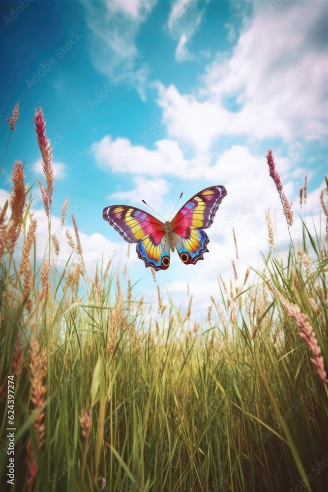 Wall mural colorful butterfly in flight over a meadow, created with generative ai