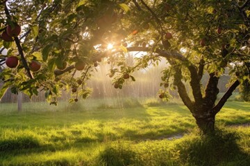 morning dew on apple orchard, sunrays peeking through, created with generative ai