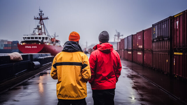 Deux hommes vus de dos discutant  sur le quai du port - G&eacute;n&eacute;rative IA