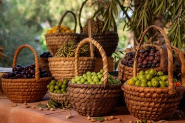 Fototapeta na wymiar traditional wooden olive baskets filled with olives, created with generative ai