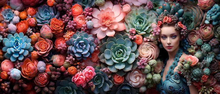 Beautiful women and colorful succulent wallpaper