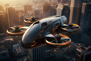  Autonomous aerial vehicle flying over the city of New York at sunset. Aerial transportation. Ai Generative illustration