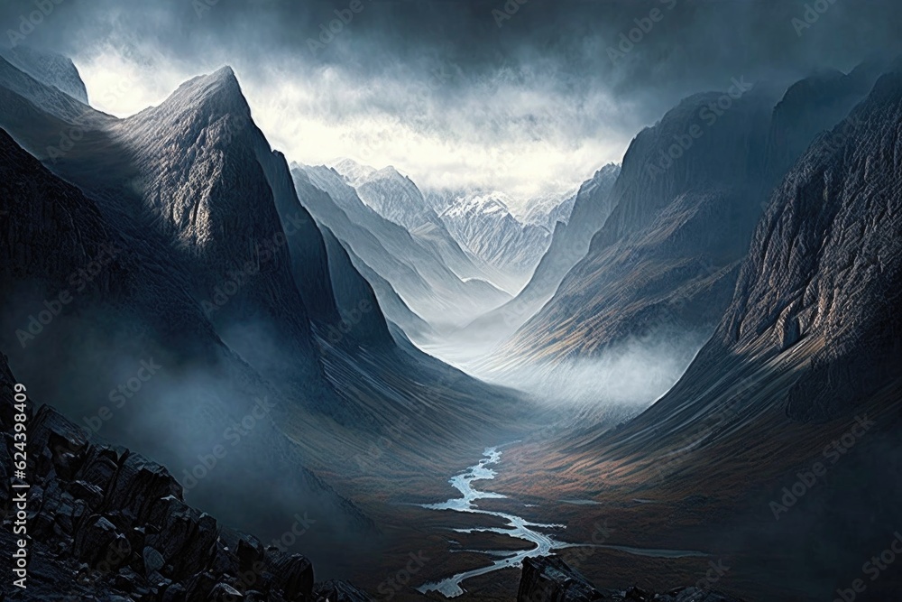 Wall mural mist-covered mountain range with fog drifting through the valleys, created with generative ai