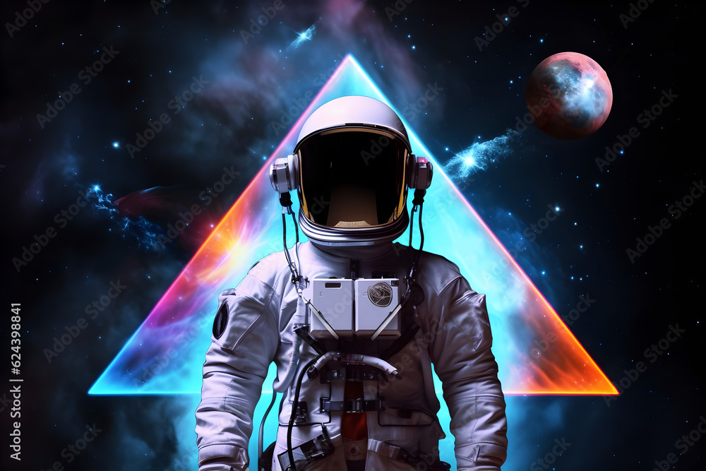 Fototapete Spaceman or astronaut with triangular shape neon lights. AI generated.