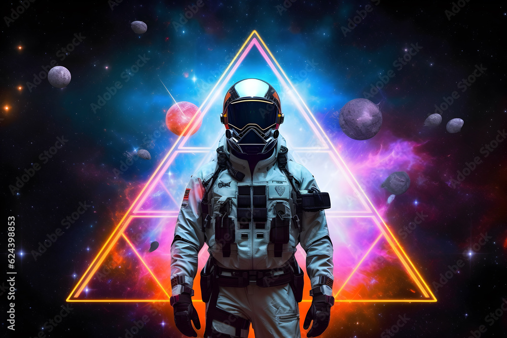Wall mural spaceman or astronaut with triangular shape neon lights. ai generated.