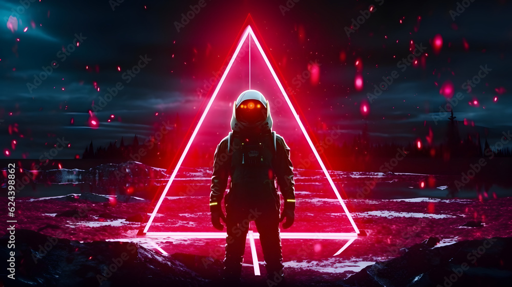 Wall mural spaceman or astronaut with triangular shape neon lights. ai generated.