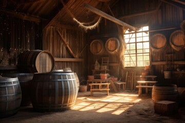 wine barrel with iron hoops in a dusty barn, created with generative ai