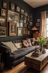 cozy living room with family photos on the wall, created with generative ai