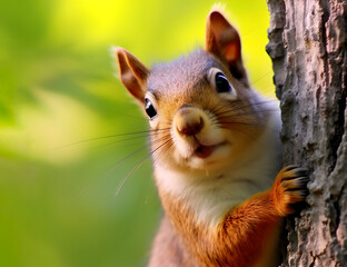 Closeup view of cute squirrel on the tree. AI generated - obrazy, fototapety, plakaty