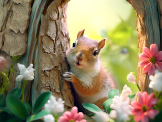 Closeup view of cute squirrel on the tree. AI generated © May Thawtar