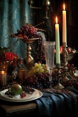 holiday table setting with festive decorations and candles, created with generative ai