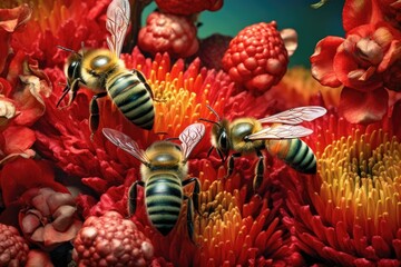 bees pollinating vibrant organic flowers in bloom, created with generative ai