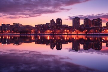 Fototapeta premium city skyline reflection on calm river during twilight hours, created with generative ai