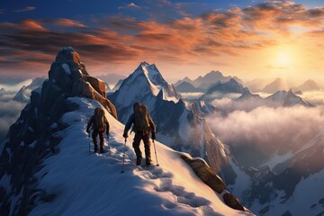 Enterprise, diligence, team work: mountaneering concepts. Two climbers on the way to the top of the mountain.