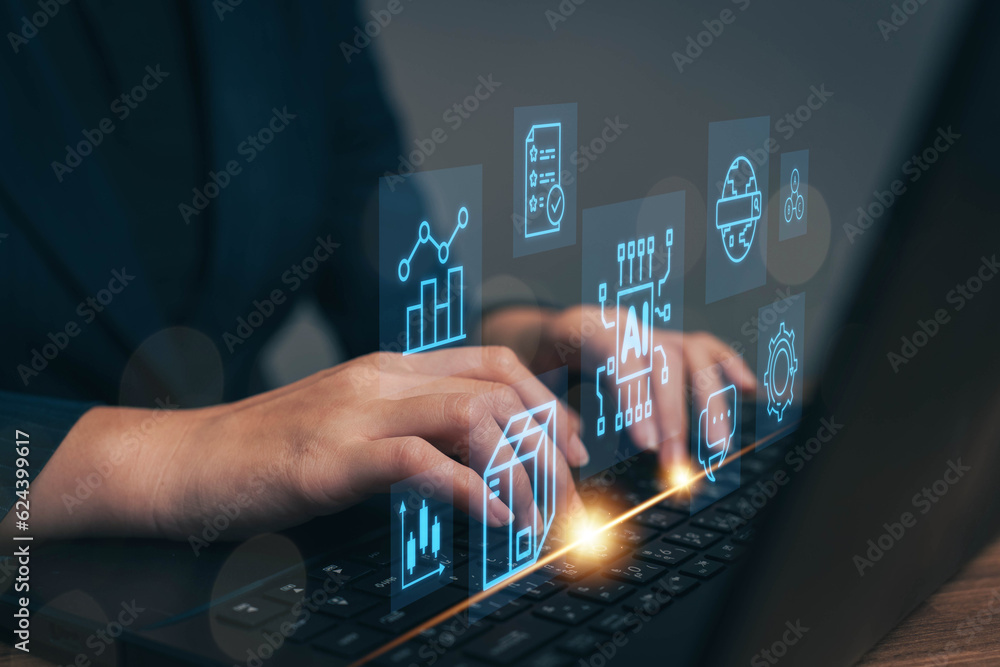 Poster businessman is typing data into computer instructions for ai during work. artificial intelligence te