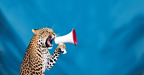 Leopard announcing using hand speaker. Notifying, warning, announcement