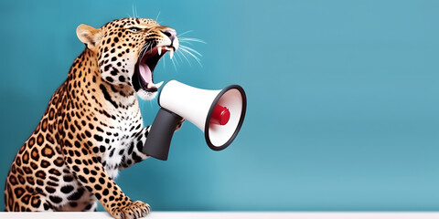 Leopard announcing using hand speaker. Notifying, warning, announcement