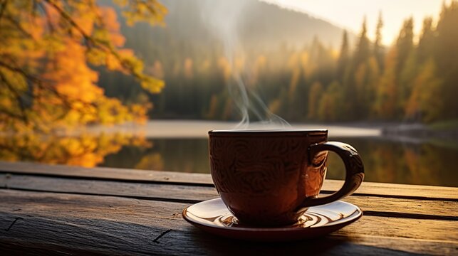 Hot coffee cup with smoke and roasted beans