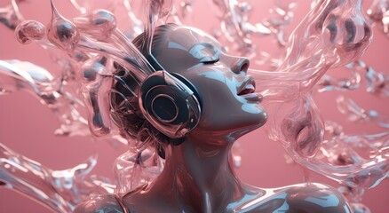 3d rendered woman with headphones music cover art