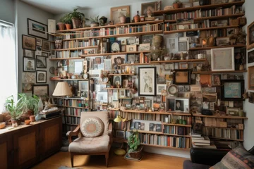 Deurstickers wall of shelves displaying eclectic mix of books, photos, and other personal items, created with generative ai © Alfazet Chronicles