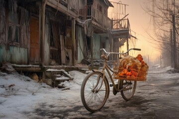 Fototapeta na wymiar abandoned bicycle with snow-filled basket, created with generative ai