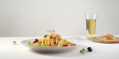 Spaghetti pasta on white plate. Italian food. Copy space