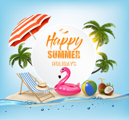 Summer vacation background. with Travel items and flamingo on the sea. Vector. - 624400239