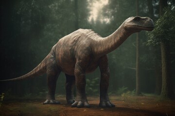 Full body view of Apatosaurus against a prehistoric forest. Dinosaur filmic and realistic illustration. 