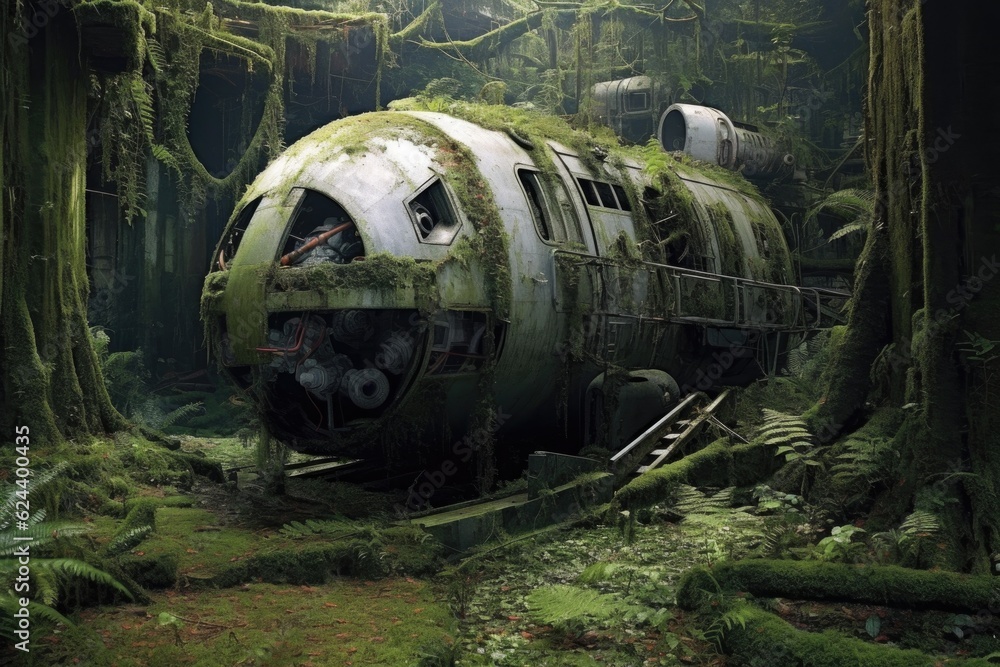 Wall mural crashed spacecraft covered in moss and vines, created with generative ai