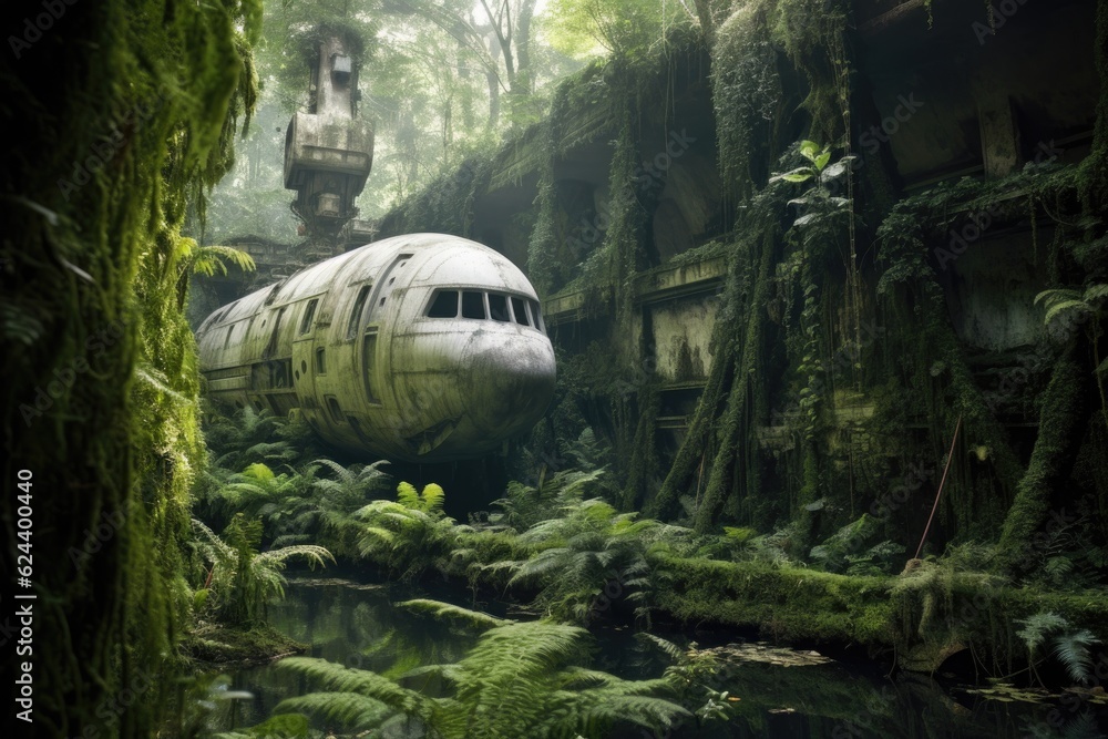 Canvas Prints moss-covered abandoned spacecraft in a lush jungle, created with generative ai