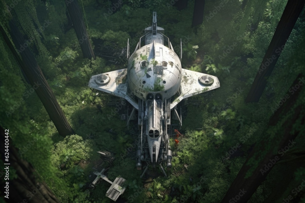 Wall mural aerial view of an abandoned spacecraft in a lush forest, created with generative ai