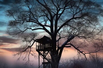 treehouse silhouette against cold winter sky, created with generative ai