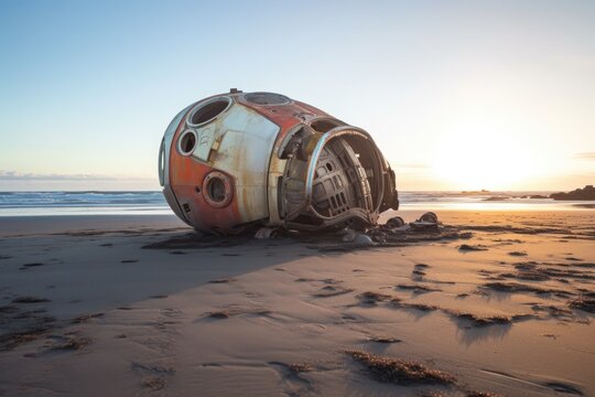 crashed spaceship on a deserted beach, created with generative ai