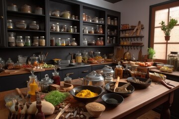 kitchen with cookware, spices, and ingredients for a variety of different dishes, created with generative ai
