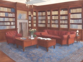 Interior library, study with bookcases. Photorealistic illustration generated ai