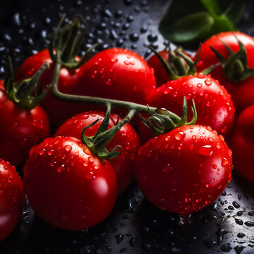 Image of tomatoes with water drops close-up. Generative AI, illustration