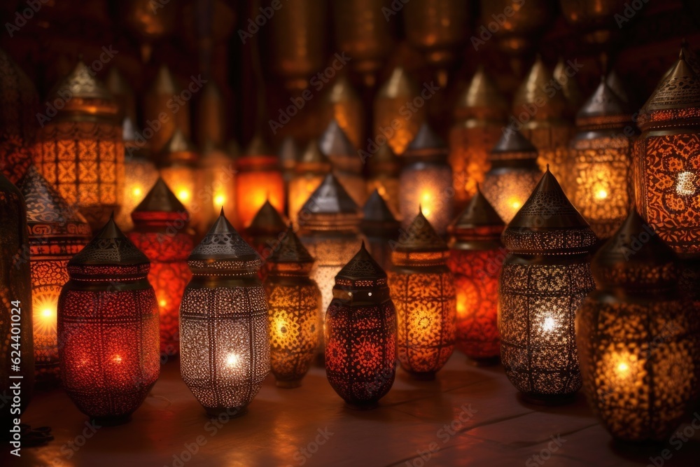 Wall mural moroccan lanterns glowing in dim light, created with generative ai