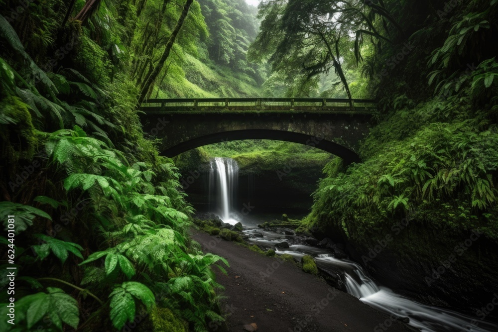 Poster scenic road trip with waterfall and lush greenery in the background, created with generative ai