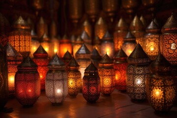moroccan lanterns glowing in dim light, created with generative ai