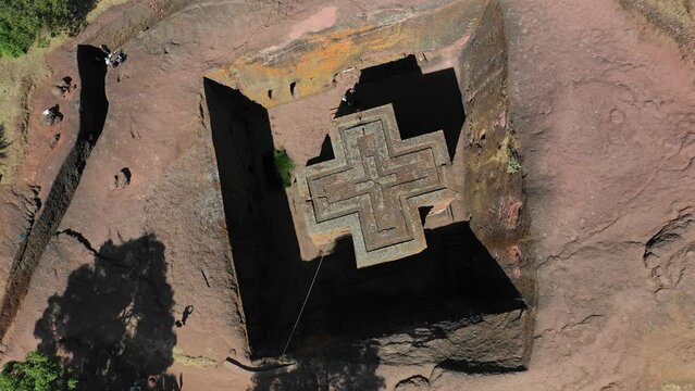 Aerial view of monolithic rock-cut church of bete giyorgis Lalibela, Ethiopia