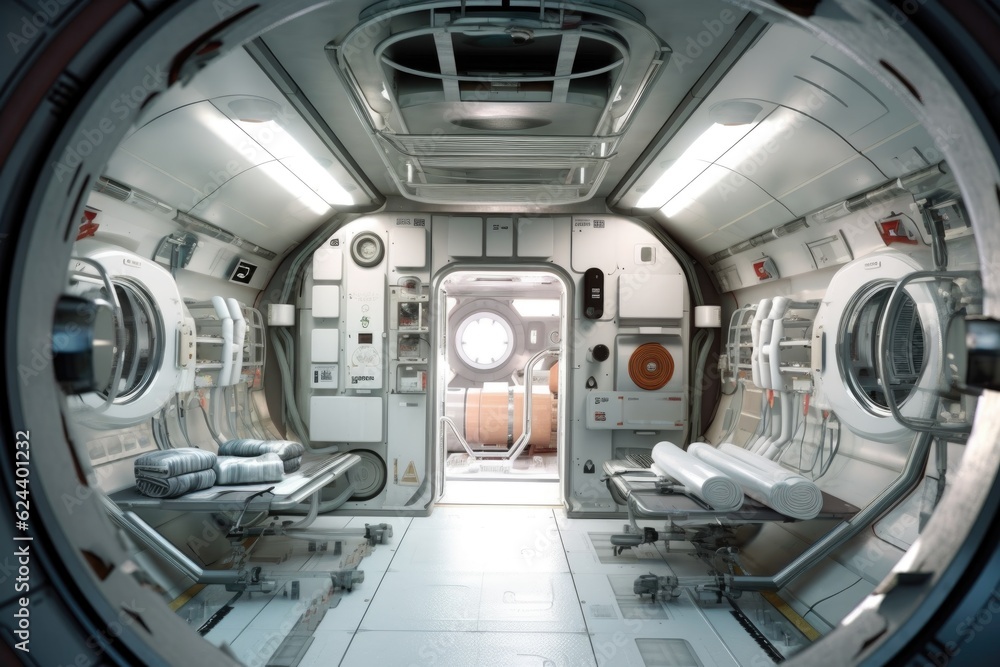 Wall mural artificial gravity rotating space habitat interior, created with generative ai