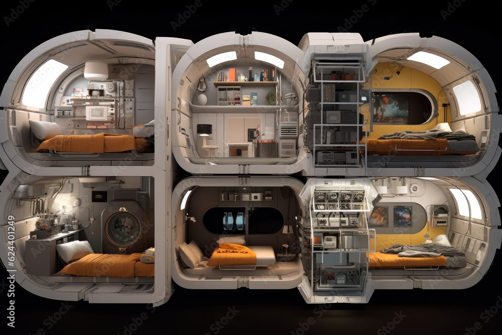 Sticker modular space habitat with expandable living areas, created with generative ai