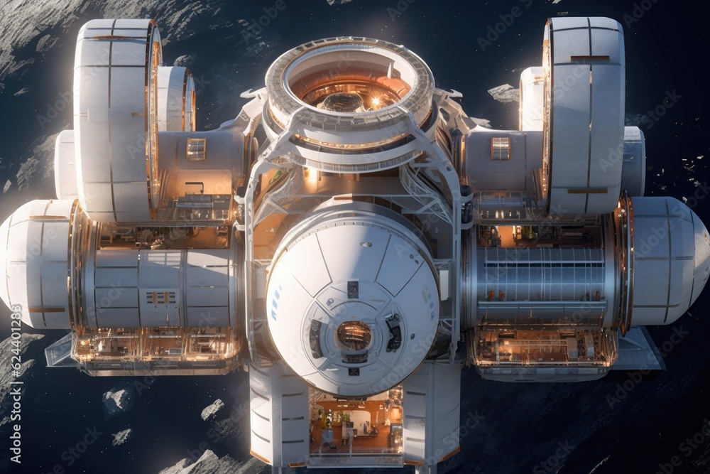 Sticker space habitat with integrated spaceport, created with generative ai
