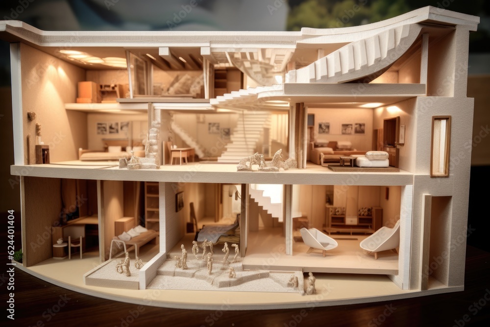 Wall mural cross-section of a 3d printed house, showing interior design, created with generative ai