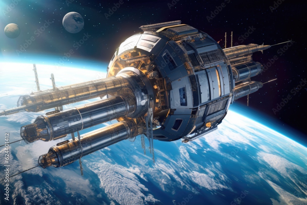 Poster futuristic space station with earth background, created with generative ai